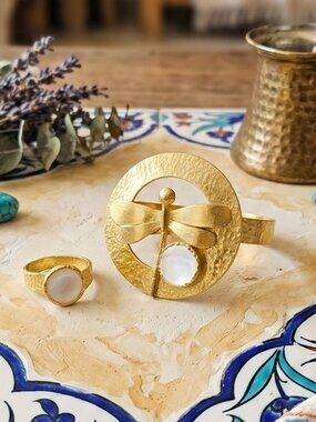 Dragonfly Pearl Set Bohemian 18K Gold Plated Brass Handmade Istanbul